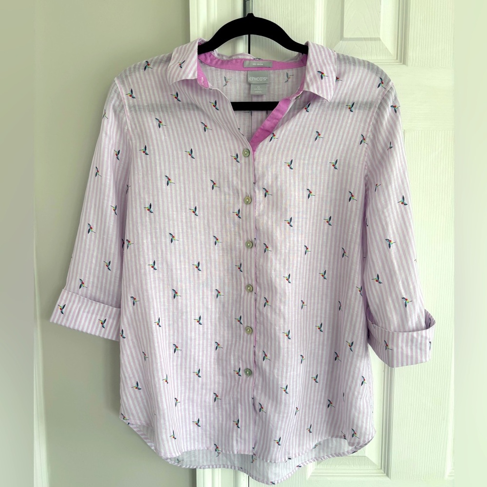 Chico's Pink Striped Blouse with Bird Print